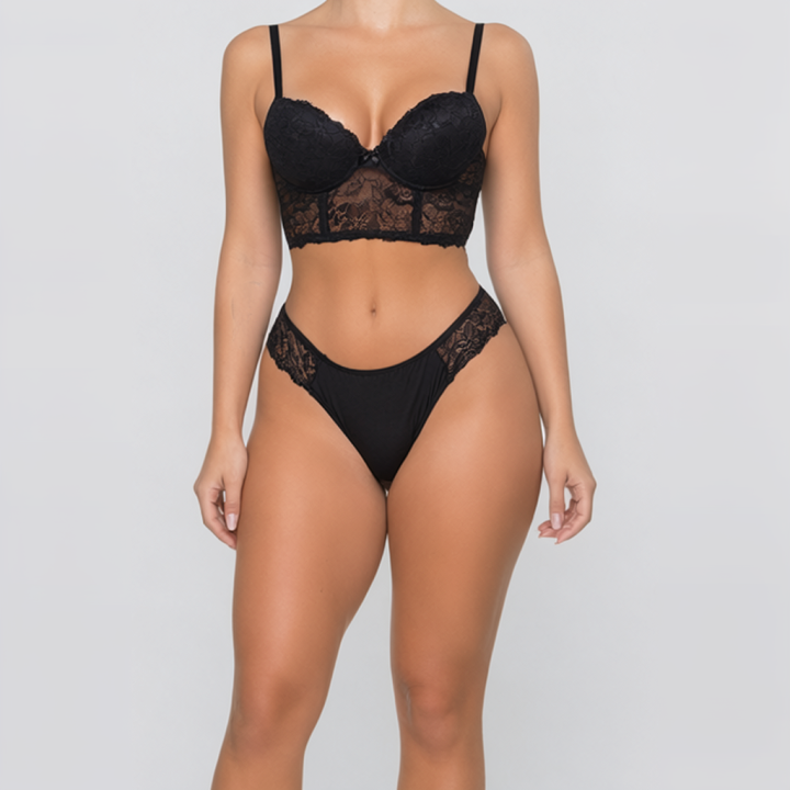 Conjunto con bustier y tanga de encaje Grace - Negro