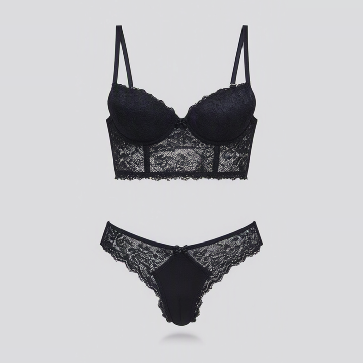 Conjunto con bustier y tanga de encaje Grace - Negro