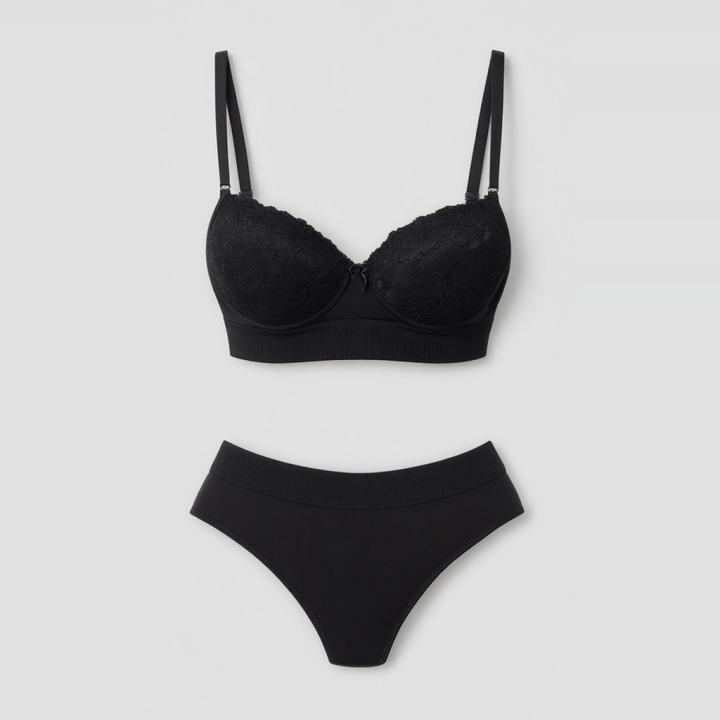 Conjunto con encaje y tanga de cintura alta Michelle - Negro