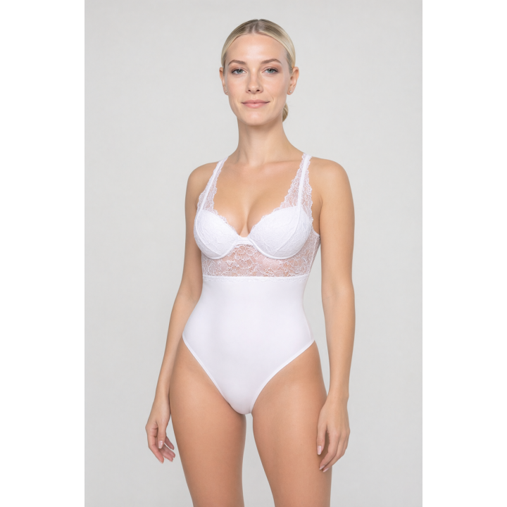 Body de encaje y microfibra Mariana - Blanco
