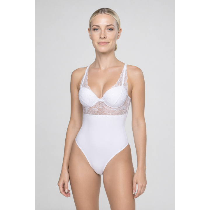 Body de encaje y microfibra Mariana - Blanco