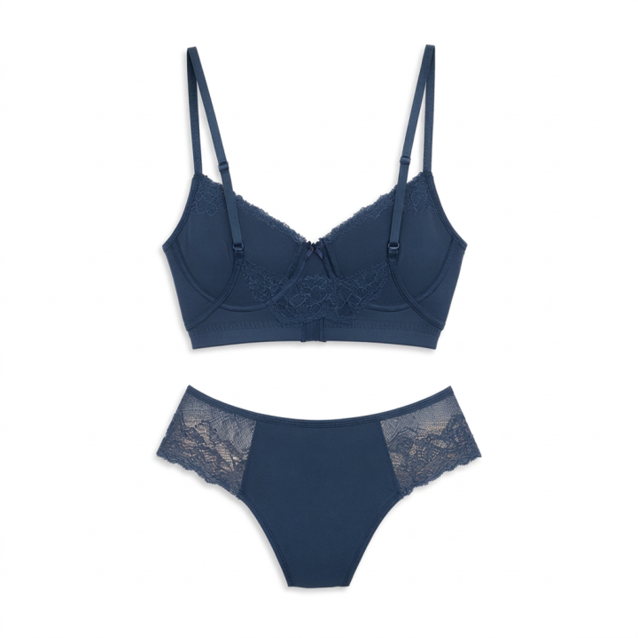 Conjunto sin relleno con detalles en encaje  Samara - Azul Medianoche