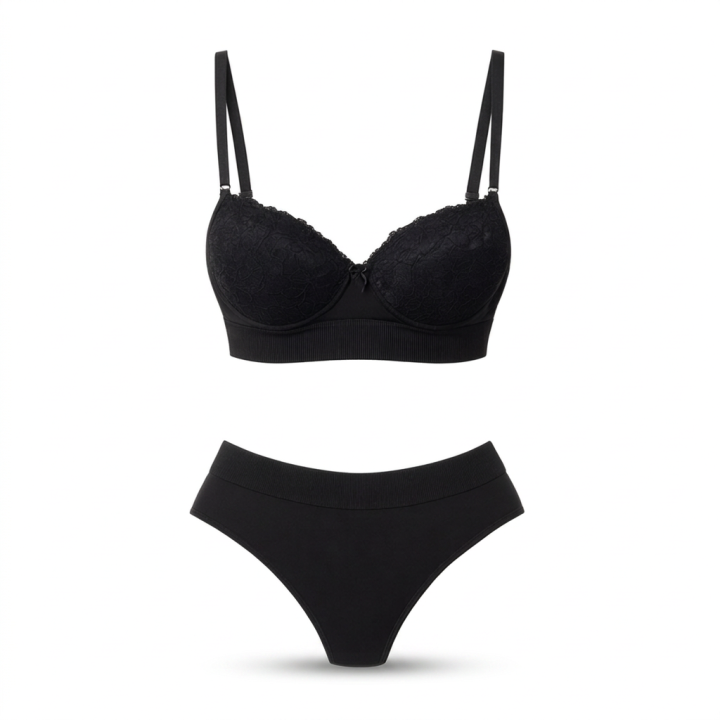 Conjunto con encaje y tanga de cintura alta Michelle - Negro