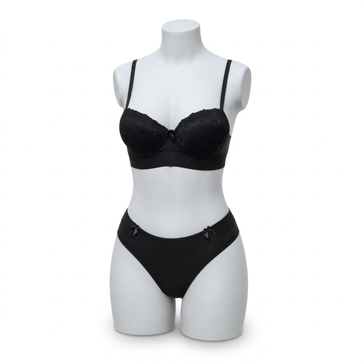 Conjunto con encaje y tanga de cintura alta Michelle - Negro