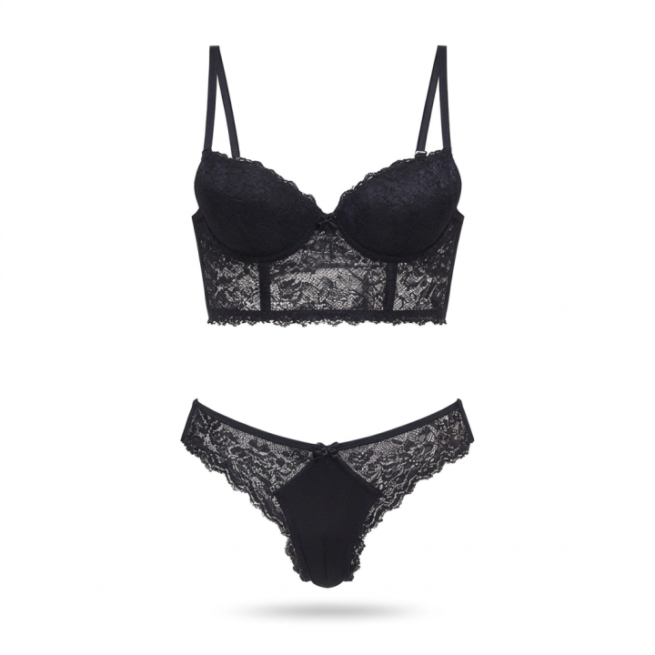 Conjunto con bustier y tanga de encaje Grace - Negro