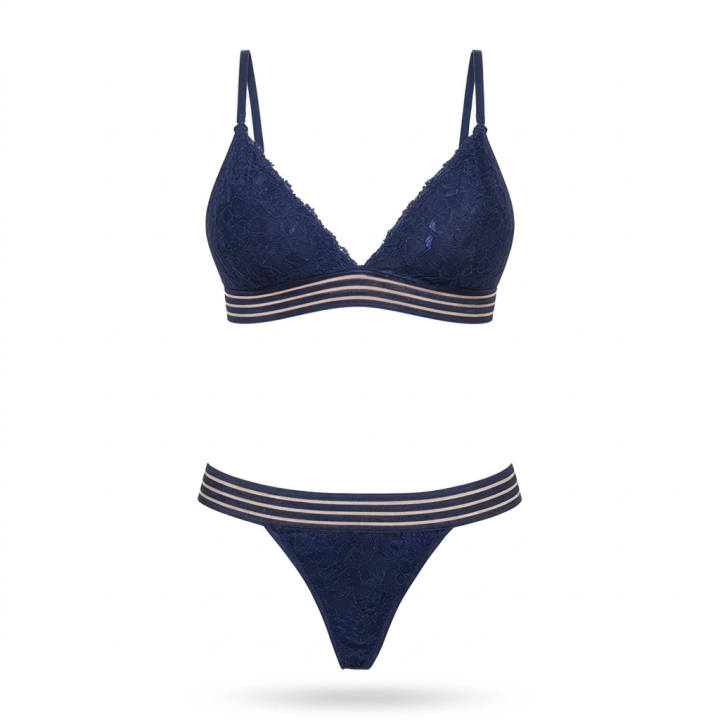 Conjunto de encaje con elásticos decorados  Elza - Azul Medianoche