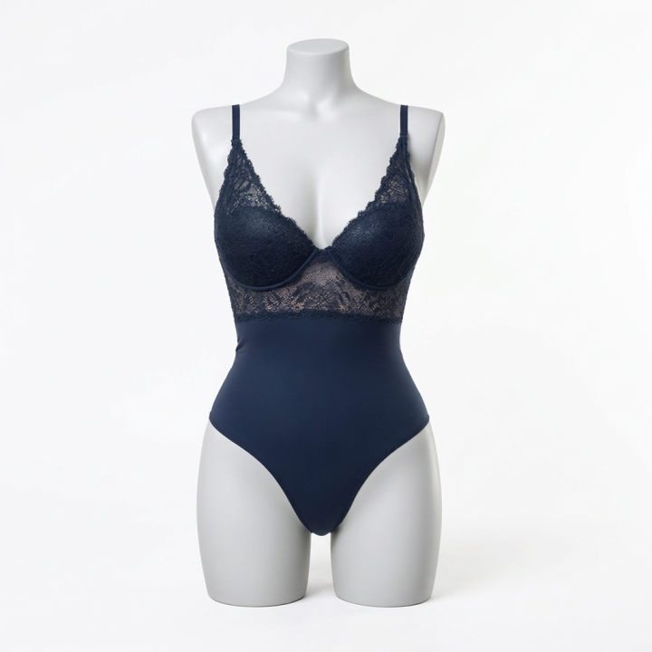 Body de encaje y microfibra Mariana - Azul Medianoche