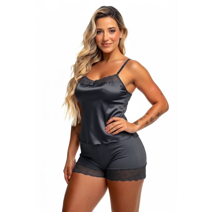 Baby Doll Liso con Encaje Esmé - Negro