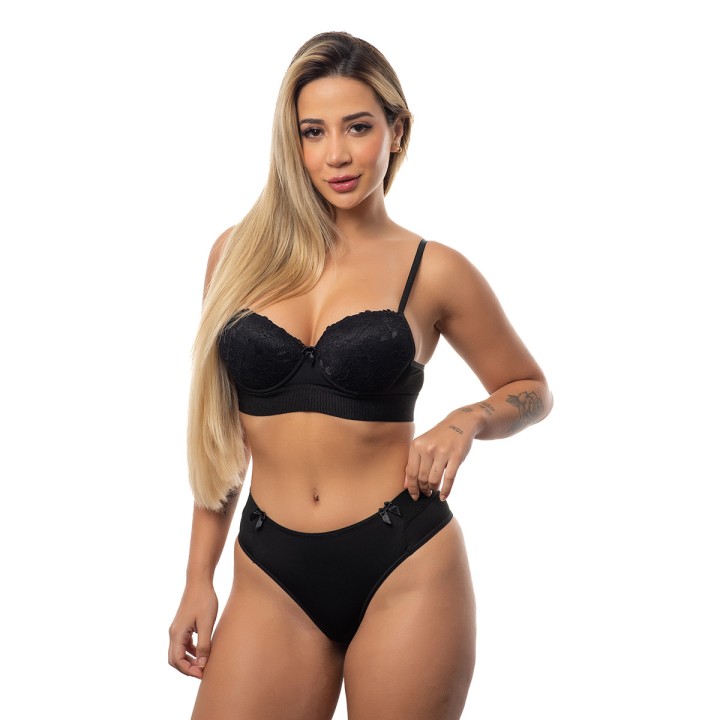 Conjunto de sujetador con encaje y tanga de cintura alta