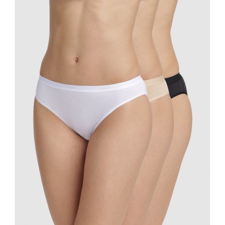 Pack 3 bragas DIM mujer midi en algodón blanco, negro y piel
