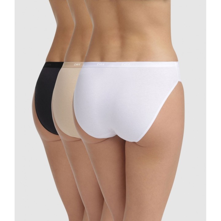 Pack 3 bragas DIM mujer midi en algodón blanco, negro y piel